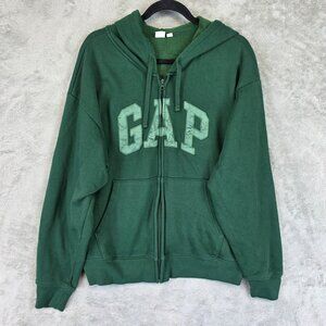 GAP Hoodie Womens Large Green Full Zip Fleece Logo Sweatshirt Jacket Pockets